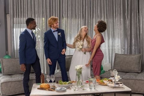 Joyful Wedding Celebration with Diverse Friends in Elegant Setting