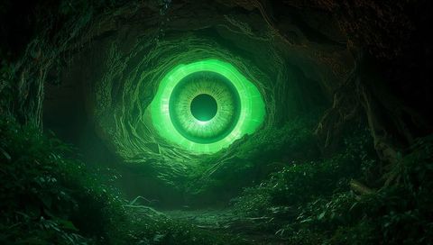 Neon Green Portal Illuminating Mystical Cave with Lush Vegetation