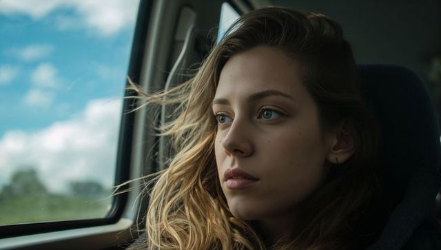 Contemplative young woman gazing out car window with windblown hair and cloudy sky view