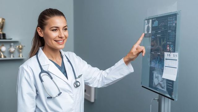 Female physician pointing at transparent medical touchscreen with patient data display