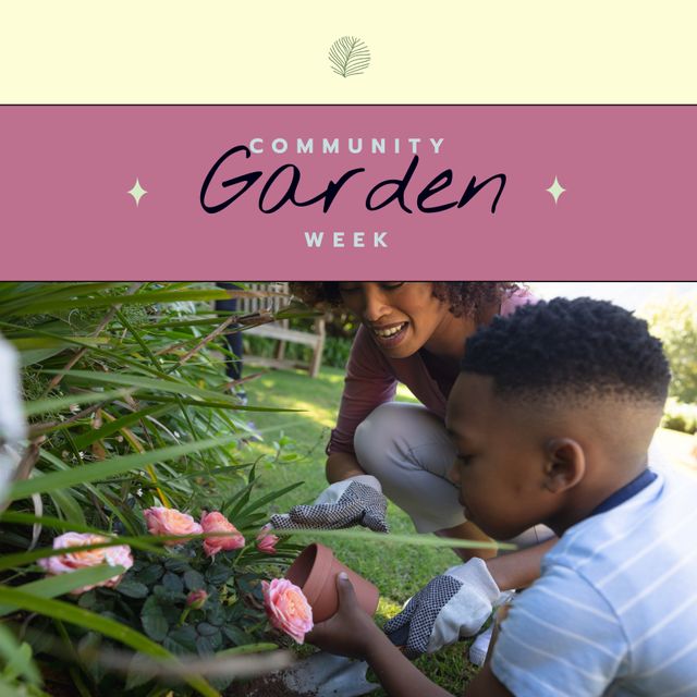 Mother and Son Gardening Together During Community Gardens Week - Download Free Stock Templates Pikwizard.com