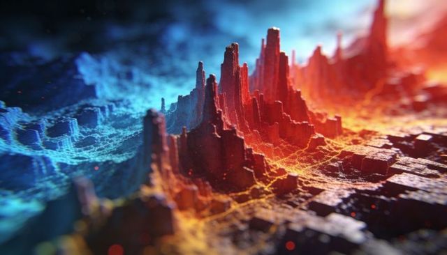 Rising jagged spires glowing over fractal terrain with lit veins and ember highlights