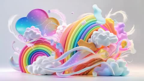 Pastel Rainbow Fantasy with Clouds and Ribbons in 3D Art
