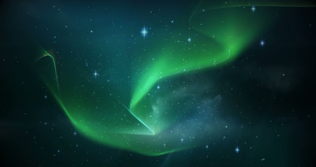 Aurora-like green lights dance across a starry night sky, creating a serene cosmic display. This image captures the beauty of celestial phenomena, evoking a sense of wonder and the vastness of the universe.