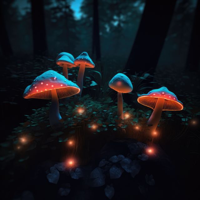 Close up of glowing mushrooms in forest created using generative ai technology. Mushrooms, magic and colours concept digitally generated image.