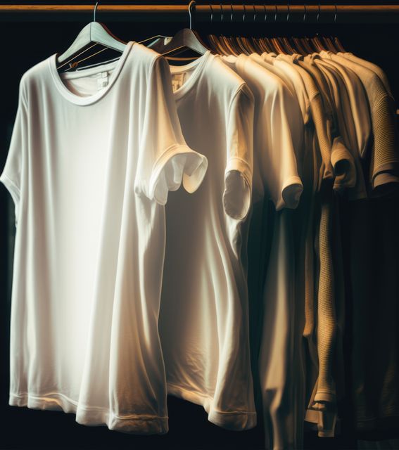 This image captures white t-shirts neatly hanging in a dimly lit closet, showcasing an organized and minimalist wardrobe. The soft lighting highlights the simplicity and tidiness of the hanging clothes. Ideal for use in fashion blogs, wardrobe organization guides, online clothing stores, and minimalist lifestyle publications. Exemplifies casual apparel and well-maintained clothing storage.