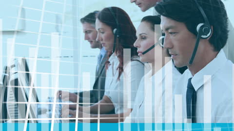 Diverse Business Team Using Headsets with Graph Overlay