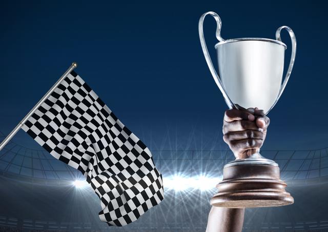 Athlete Holding Trophy with Checkered Flag in Stadium - Download Free Stock Photos Pikwizard.com