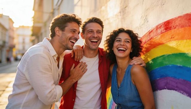 Laughing friends leaning together by rainbow mural at golden hour on urban street