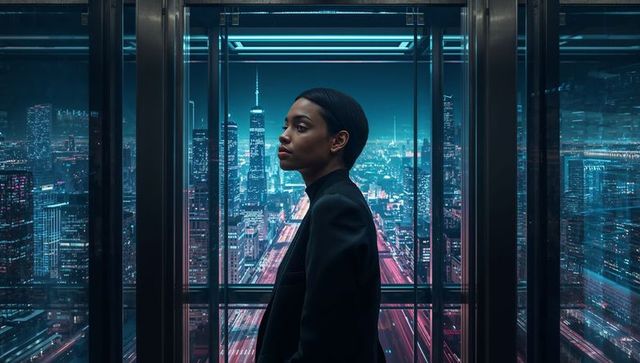 Corporate woman standing in glass elevator overlooking neon city with light trails
