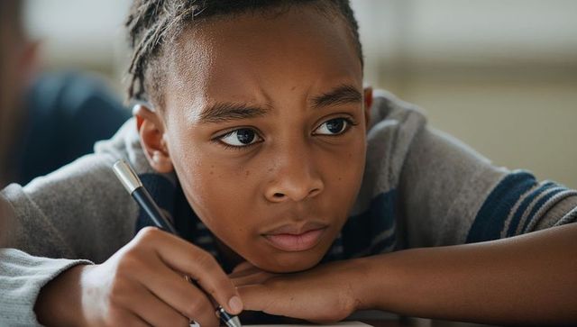 Thoughtful black student leaning on desk holding pen classroom learning close-up