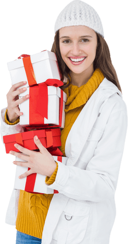 Happy woman holding red and white gift boxes transparent background