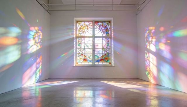 Stained glass window casting sunlit rainbow reflections across minimalist gallery floor