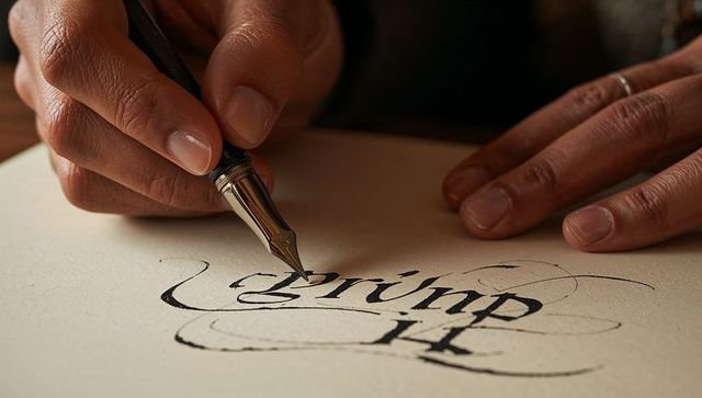 Writing Ornate Black-Ink Calligraphy with Fountain Nib on Thick Vellum Paper Closeup Hands