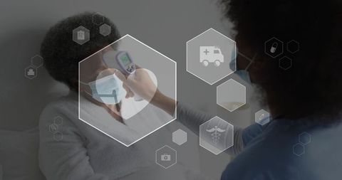 Nurse checking senior temperature with infrared thermometer and telehealth hud overlay