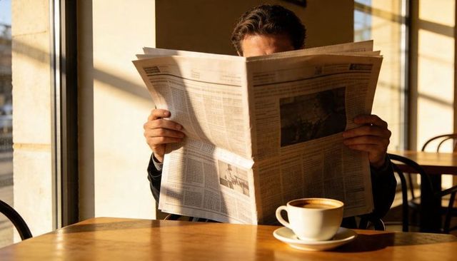 Man reading broadsheet over coffee in sunlit cafe morning routine contemplative moment