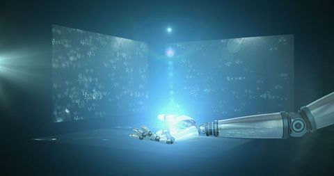 Futuristic robot hand with mathematical holography