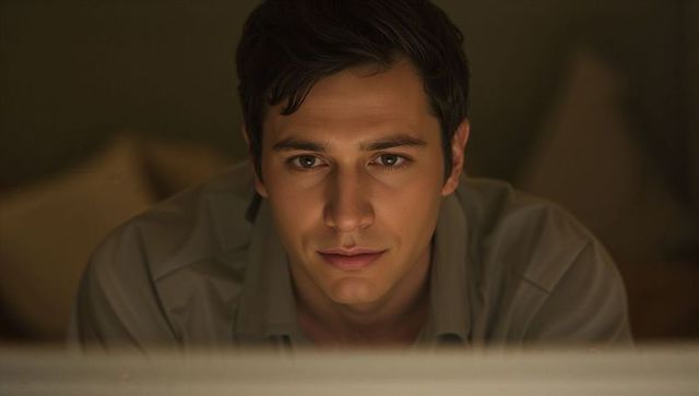 Young man leaning toward glowing monitor studying late at night warm cozy interior portrait