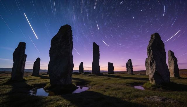 Ancient standing stones under spiral star trails at twilight over moorland reflections