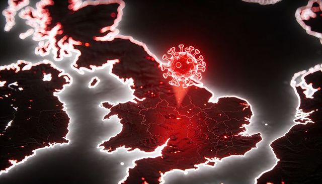Hovering coronavirus icon casting red spotlight over england 3d map highlighting outbreak hotspots
