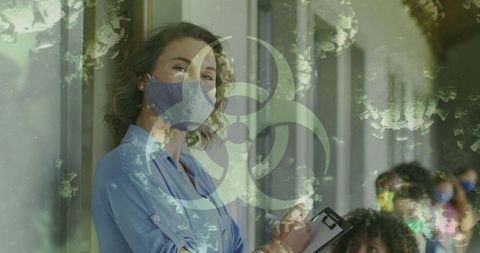 Teacher and Schoolchildren in Masks with Biohazard Overlay