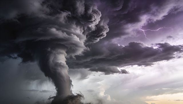 Towering Tornado Funnel beneath Supercell Updraft with Lightning Bolt, Dramatic Plains Storm