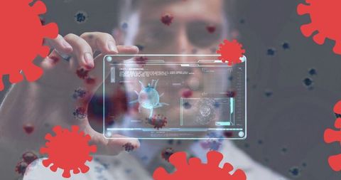 Doctor Holding Futuristic Device Amid COVID-19 Visuals