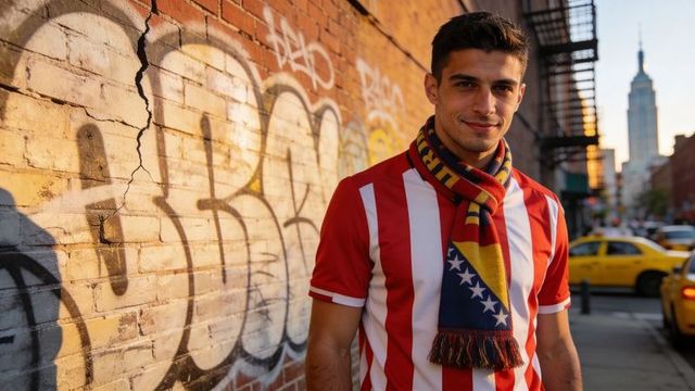 Young man in red striped shirt wearing bosnia scarf on new york street at golden hour