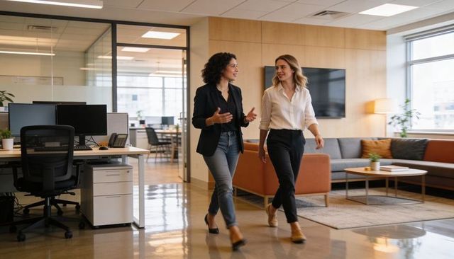Female coworkers walking and talking in modern open-plan office