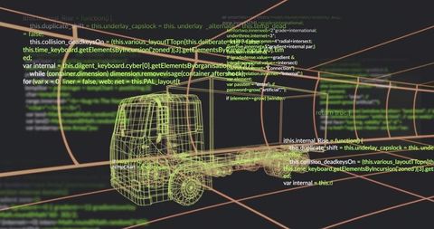 3d wireframe truck with code and grid in virtual design space