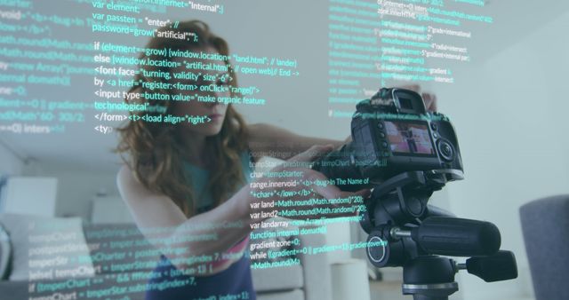 Image of data processing over caucasian woman making image and exercising. Lifestyle, sport, computing and digital interface concept digitally generated image.