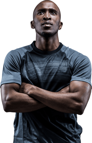 Thoughtful Athlete in Black Shirt with Arms Crossed Transparent Background