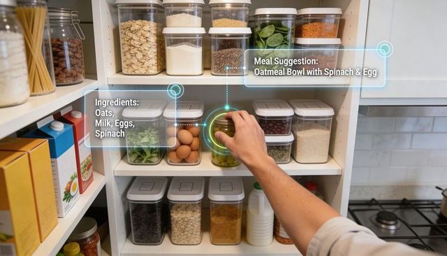 Augmented reality smart pantry: reaching hand selecting jar with meal suggestion