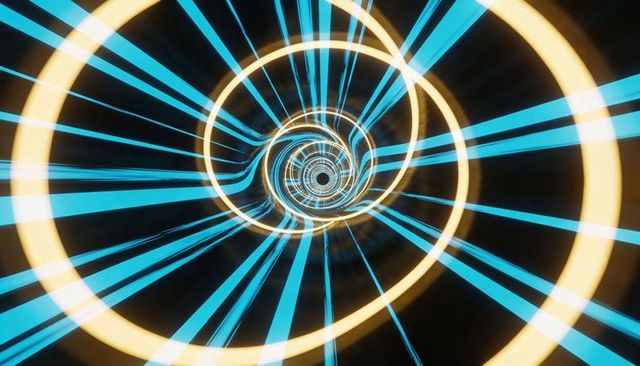 Spiraling neon vortex with glowing yellow rings and cyan radial beams, futuristic portal