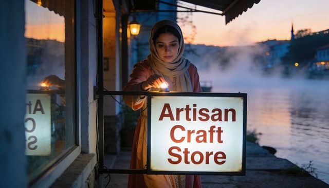 Lighting evening glow: woman in hijab turning on artisan craft store sign by waterfront
