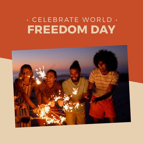 Diverse Friends Celebrating World Freedom Day with Sparklers at Beach