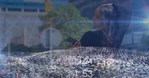 Woman Holding Phone Reflecting Through Glass with Digital Data Overlay for Tech Branding