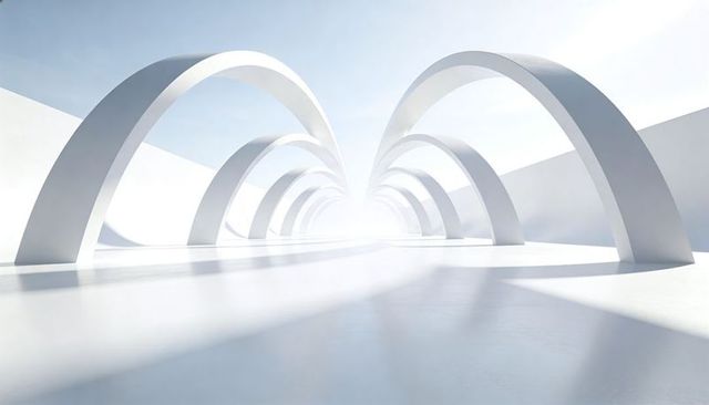 Futuristic minimal white arches leading into bright vanishing tunnel with reflective floor