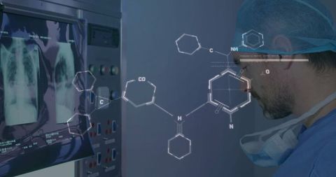 Doctor studying x-ray with medical panel and chemistry diagrams