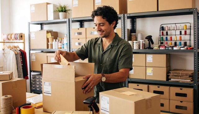 Man Packing Online Orders at Small Business Fulfillment with Cardboard Boxes and Scanner