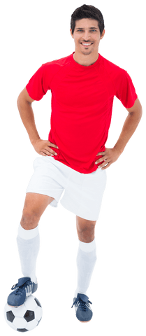 Smiling biracial male footballer with soccer ball on transparent background