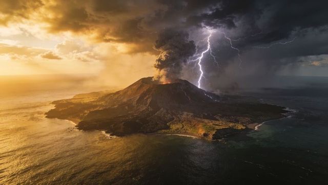 Island volcano erupting at golden sunset while lightning strikes ash plume