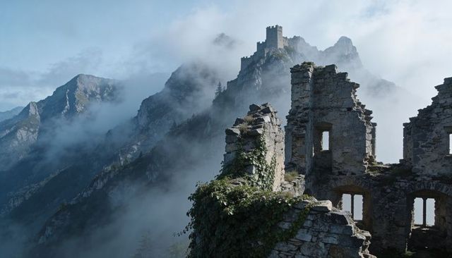 Crumbling stone ruins framing misty alpine ridge with ivy walls and distant castle tower