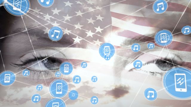 Woman’s eyes overlaid with the US flag, surrounded by digital music symbols representing technological advancement and connectivity. Perfect for use in themes of digital innovation, technology in the US, or patriotic technological progress.