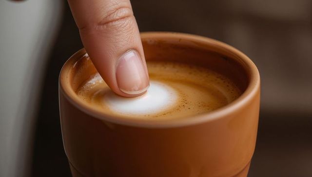 Fingertip Pressing Milk Foam on Latte in Brown Ceramic Cup Closeup Macro Coffee Moment
