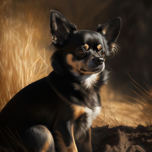 Small Chihuahua dog sits attentively in a sunlit field during golden hour, with soft light creating a warm, cozy atmosphere. Perfect for use in pet-related promotions, articles about dog breeds, nature-themed blog posts, and lifestyle content.