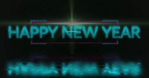 Neon Sign Happy New Year with Reflective Floor and Magenta Frame