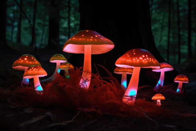 Glowing bioluminescent mushrooms casting a magical light in a dark forest setting at night. Ideal for using in fantasy, magical, or nature-themed projects. Perfect for illustrated stories, background images, and artistic prints. Enhances themes of mystery, nature, and enchantment.