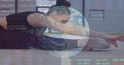 Teen Athlete Stretching with Global Finance Graphics Overlay