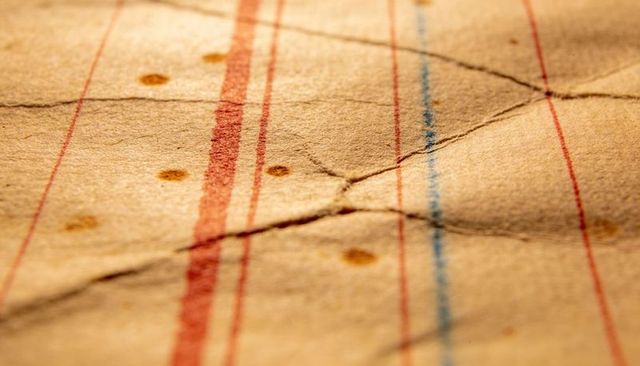 Aged ruled notebook paper macro texture showing red margin lines, brown stains